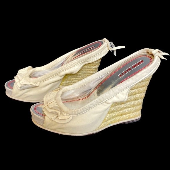 Miss Sixty Kate Wedge ruffled leather W/elastic straps Heel Ivory - Picture 1 of 14